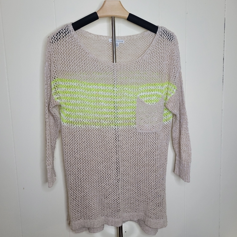 American Eagle Tan Neon Green Color Block Chunky Knit 3/4 Sleeves Top